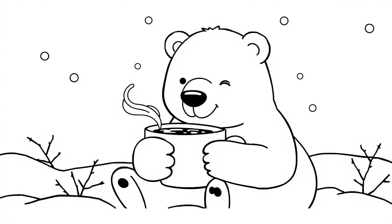 Eine niedliche Schwarzweißzeichnung eines Bären mit einer dampfenden Tasse, umgeben von Schneeflocken. Farbtafel.