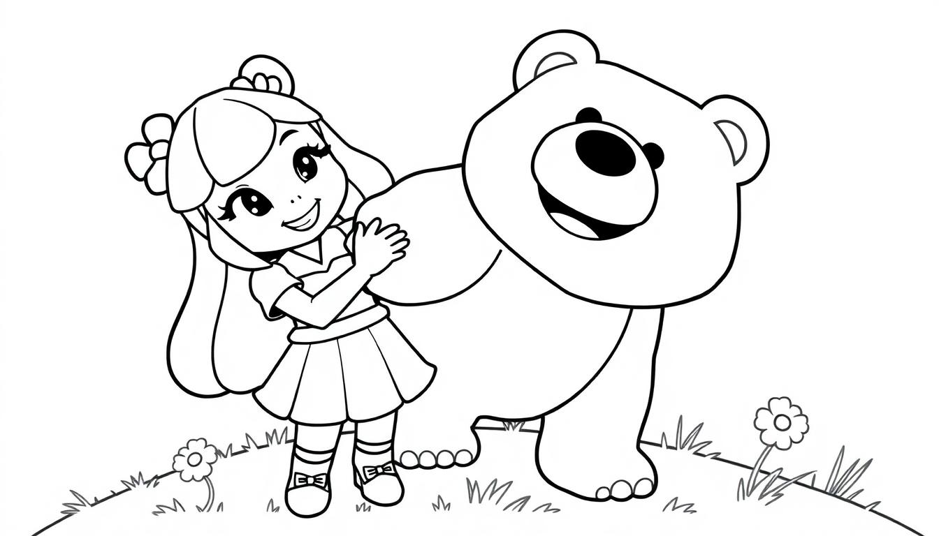 Schwarz-weiße Zeichnung eines Mädchens mit Teddybär auf einer Blumenwiese.