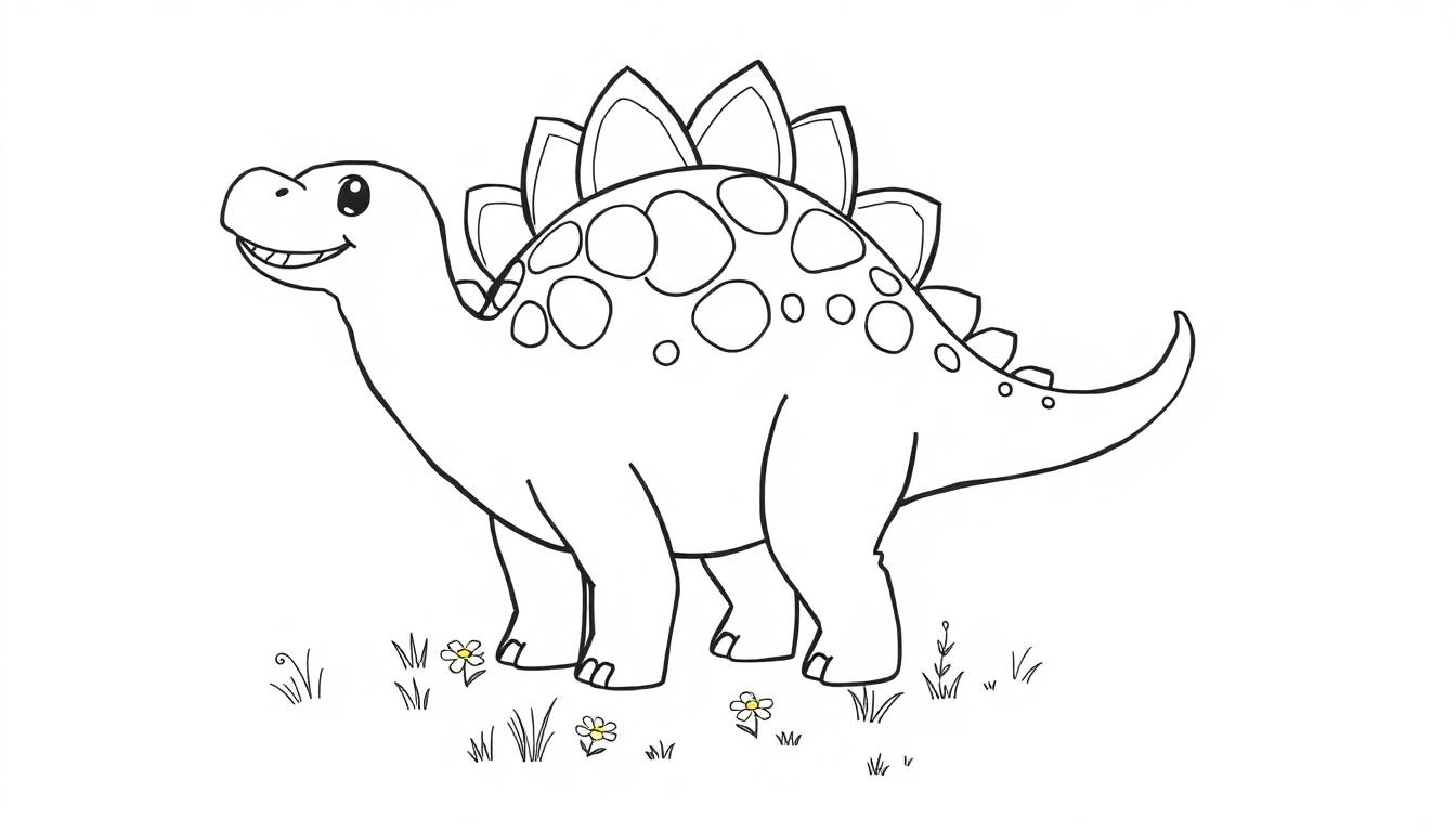 Ein freundlich aussehender gezeichneter Stegosaurus mit auf dem Rücken stehenden Platten, umgeben von Gras und Gänseblümchen.
