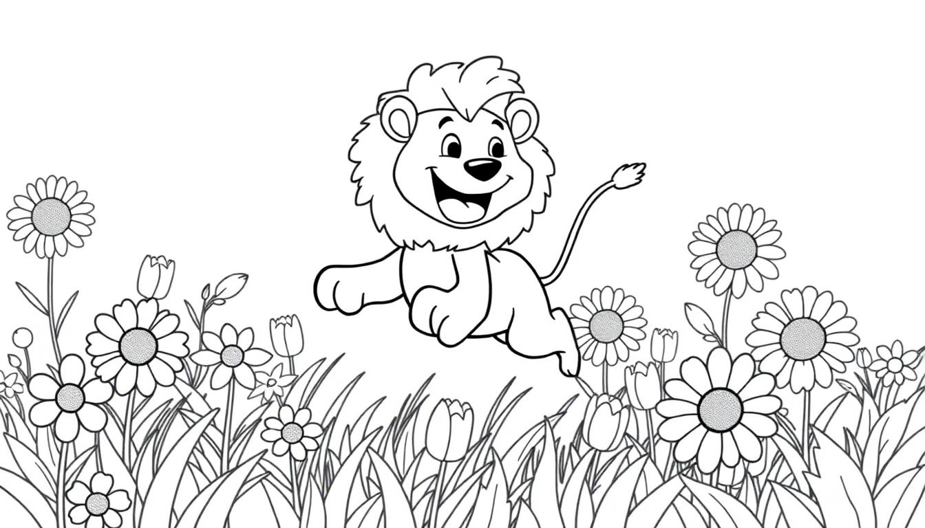 Fröhlicher Cartoon-Löwe mit blonder Mähne springt durch ein Feld voller Gänseblümchen und Tulpen.