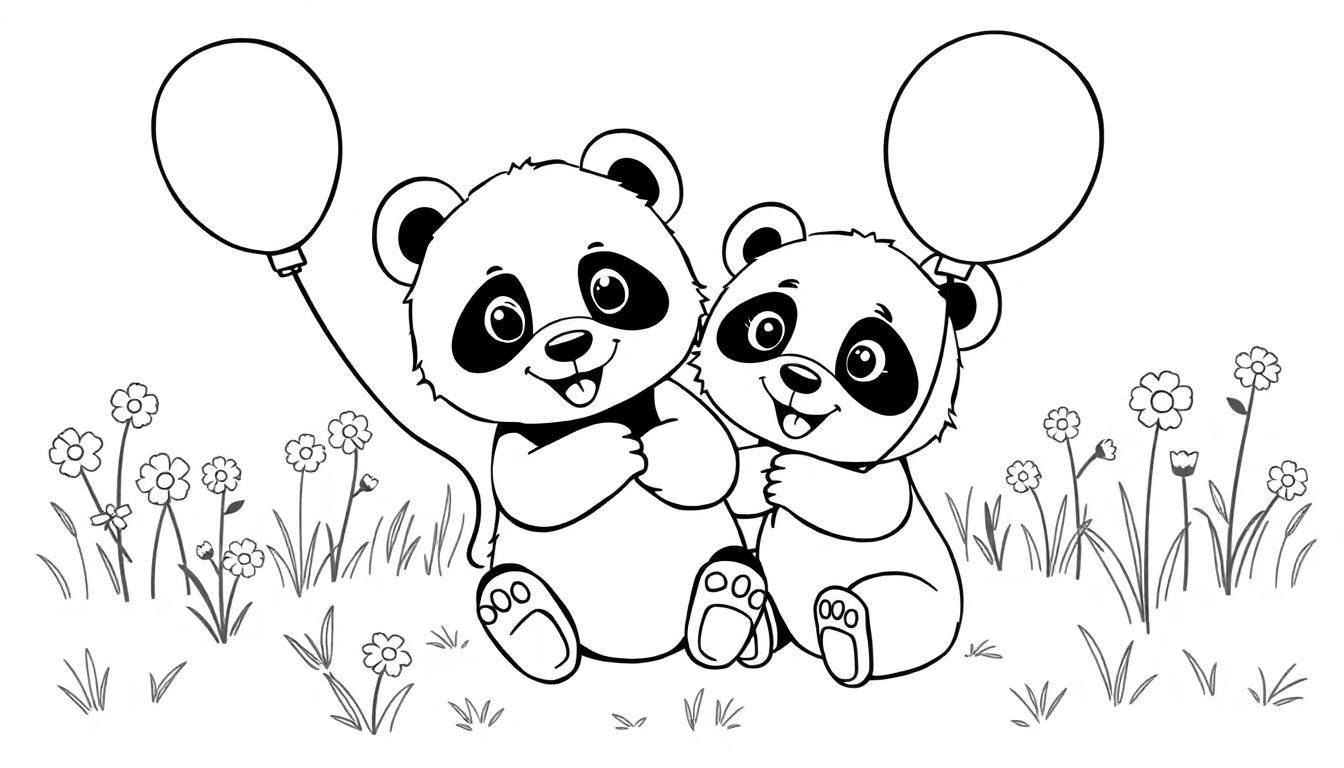 Ein Cartoon-Panda-Bär hält einen Ballon auf einer Blumenwiese.