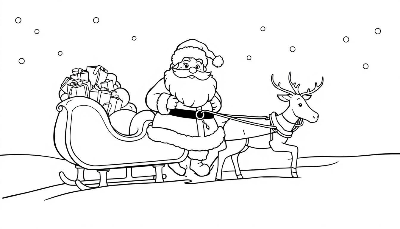 Eine Schwarz-Weiß-Zeichnung von Weihnachtsmann mit seinem Rentier und Schlitten, der leicht schneit.