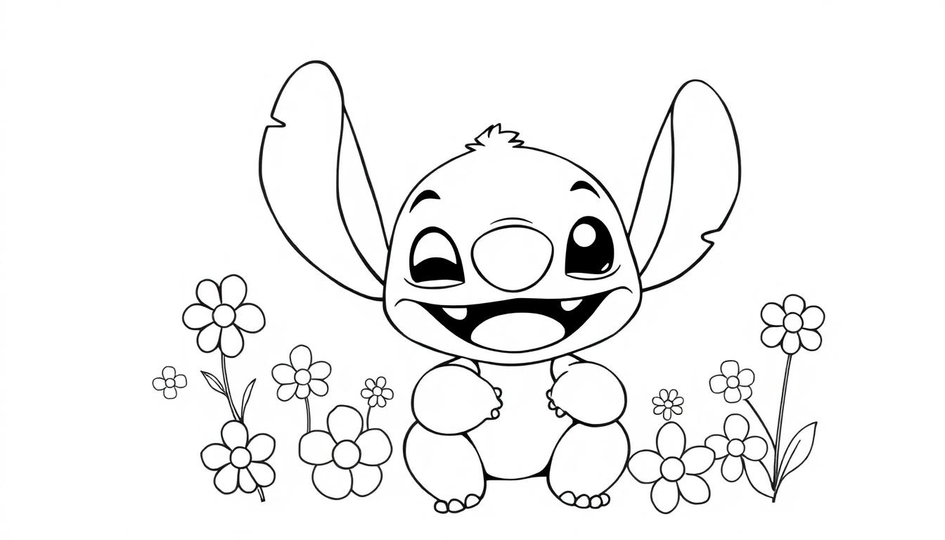 Schwarz-Weiß-Zeichnung von Stitch, der schelmisch mit einem Auge zwinkert und neben einer Ansammlung einfacher Blumen steht.