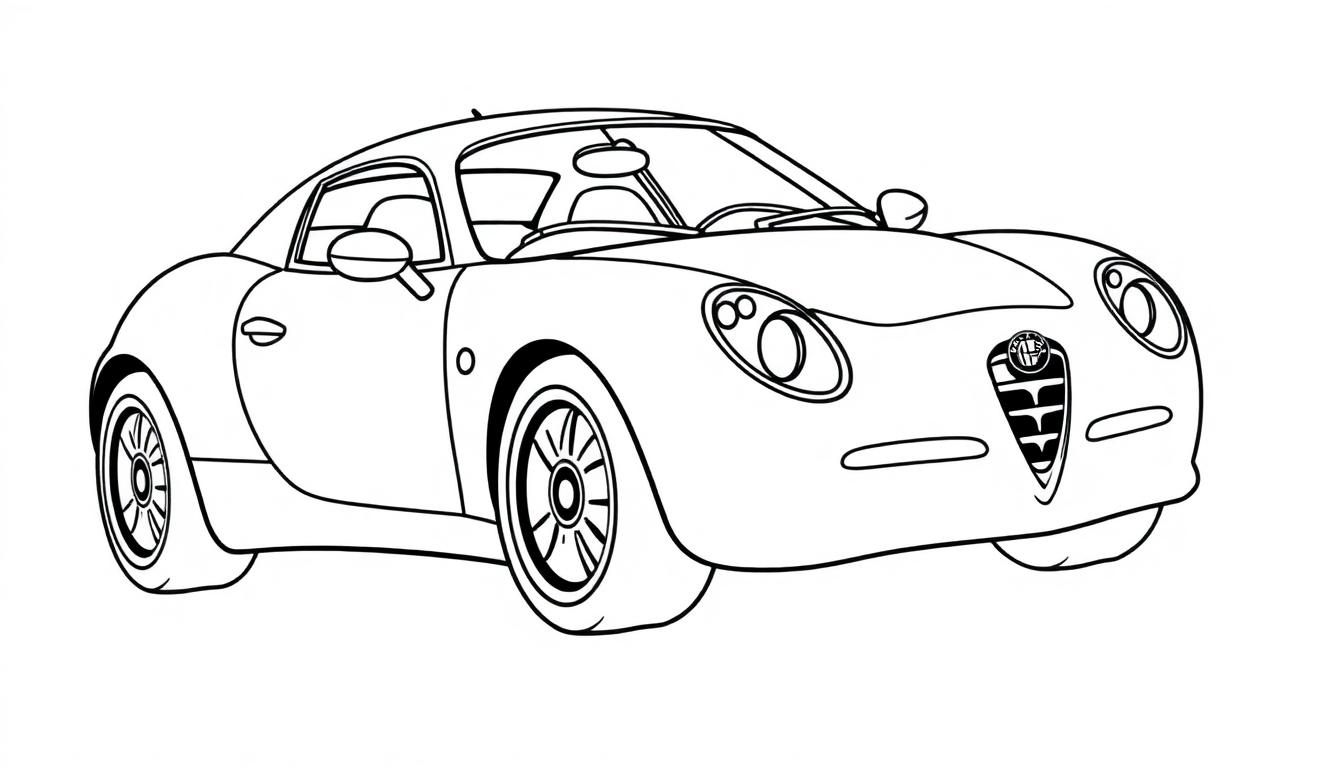 Strichzeichnung eines roten Alfa Romeo Sportwagens mit runden Scheinwerfern und dem Alfa Romeo Emblem.