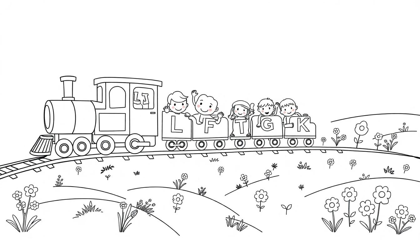 Schwarz-Weiß-Zeichnung eines Zuges mit Kindern in den Wagen, der durch eine hügelige Blumenlandschaft fährt.
