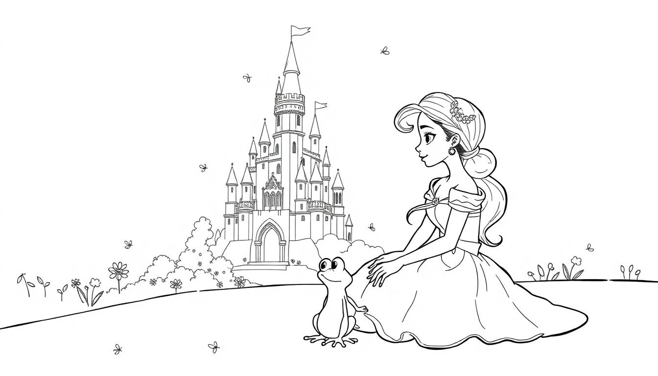 Prinzessin und Frosch vor einem Schloss