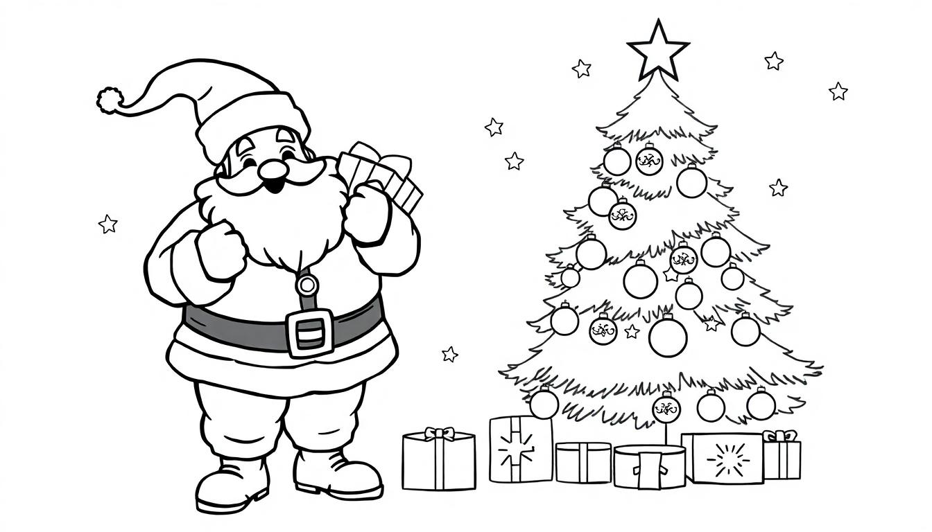 Schwarz-Weiß-Cartoon-Farbtafel von Weihnachtsmann mit Geschenken neben einem Weihnachtsbaum mit Stern.