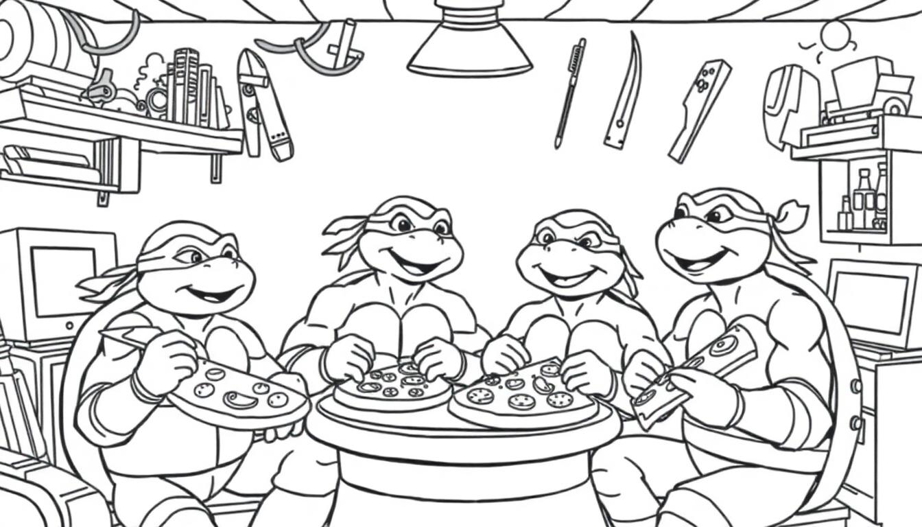 Teenage Mutant Ninja Turtles essen Pizza in ihrem Versteck.