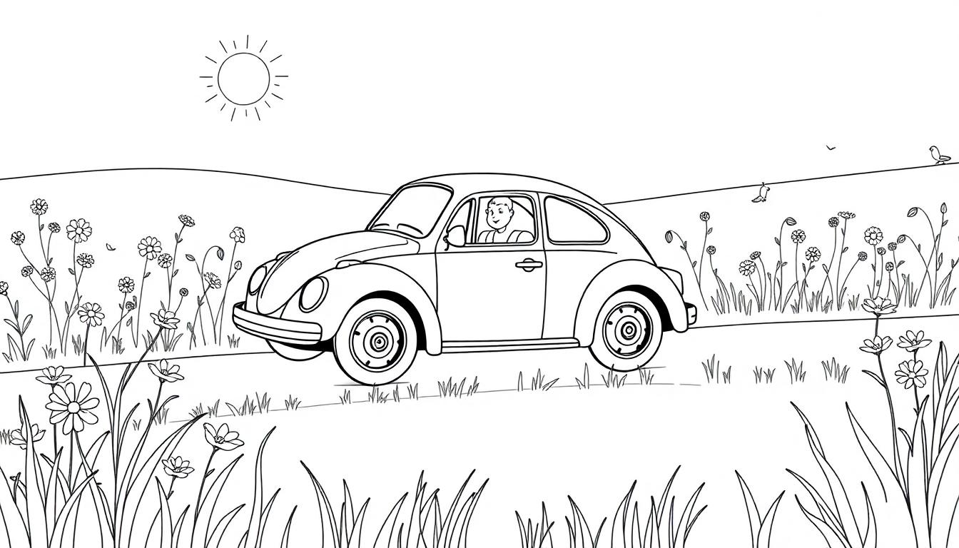 Ein auszumalender Volkswagen Käfer fährt durch eine sonnige Landschaft mit Blumen.