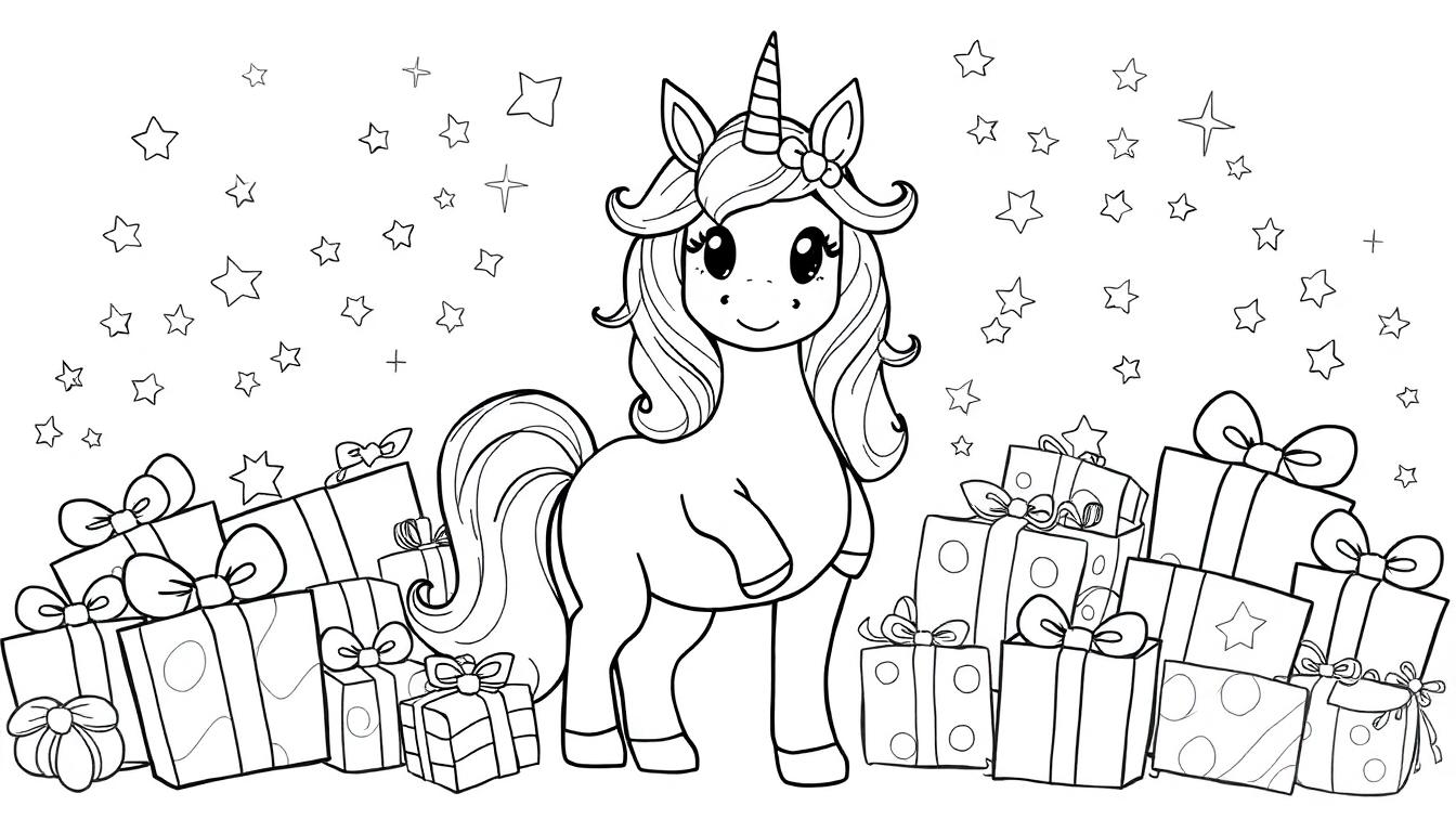 Schwarz-Weiß-Cartoon-Einhorn mit geschwungener Mähne und verdrehtem Horn, steht zwischen Geschenkboxen mit Sternen.