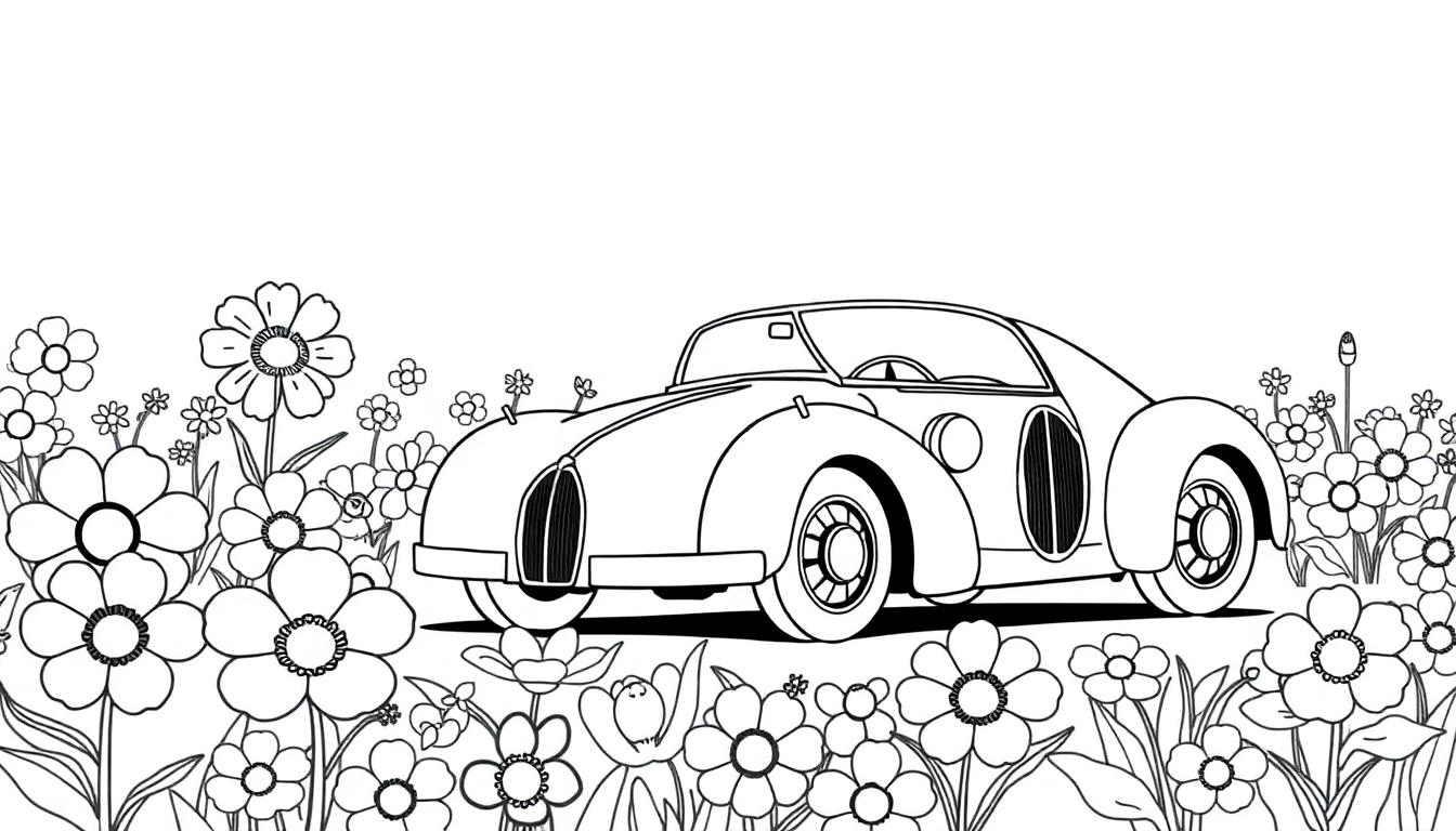 Schwarz-Weiß-Zeichnung eines Oldtimer-Autos inmitten eines Blumenfeldes.