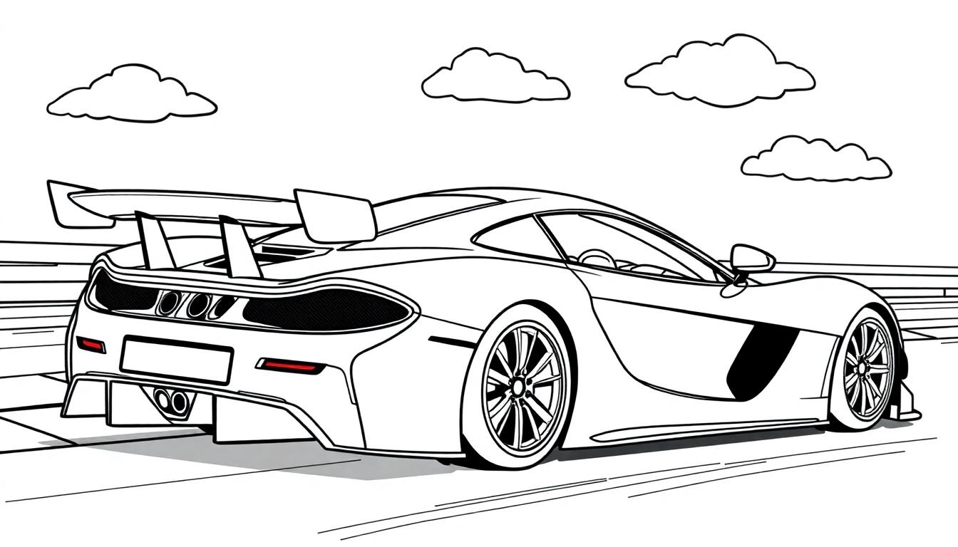 Schwarz-Weiß-Zeichnung eines McLaren Sportwagens mit Spoiler und detaillierten Rädern auf einer straßengleichen Oberfläche.