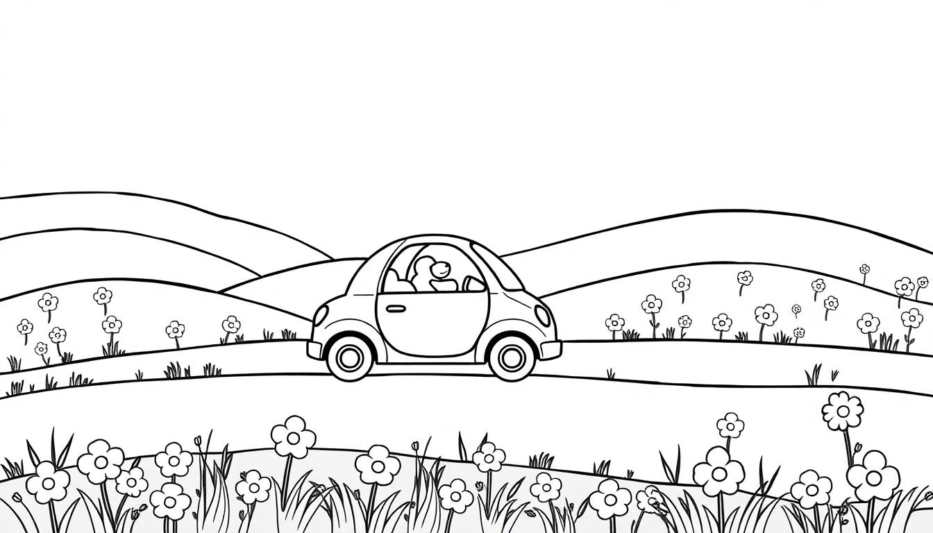 Schwarz-Weiß-Zeichnung eines Autos auf einem blumenbedeckten Hügel mit Freunden im Inneren.