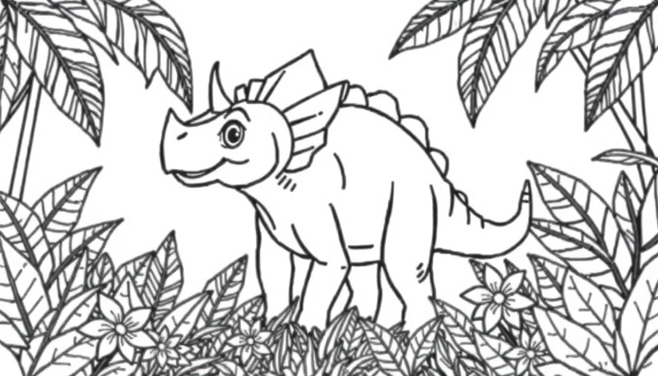 Schwarz-Weiß-Cartoon eines freundlichen Triceratops mit Hörnern und Halskrause, umgeben von tropischen Blättern und Blumen.