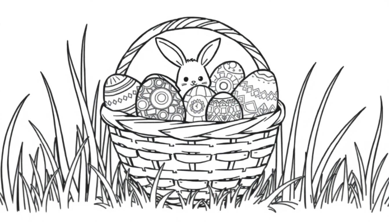 Schwarzweißzeichnung eines Osterkorbs mit verzierten Eiern und einem Hasen im Gras.