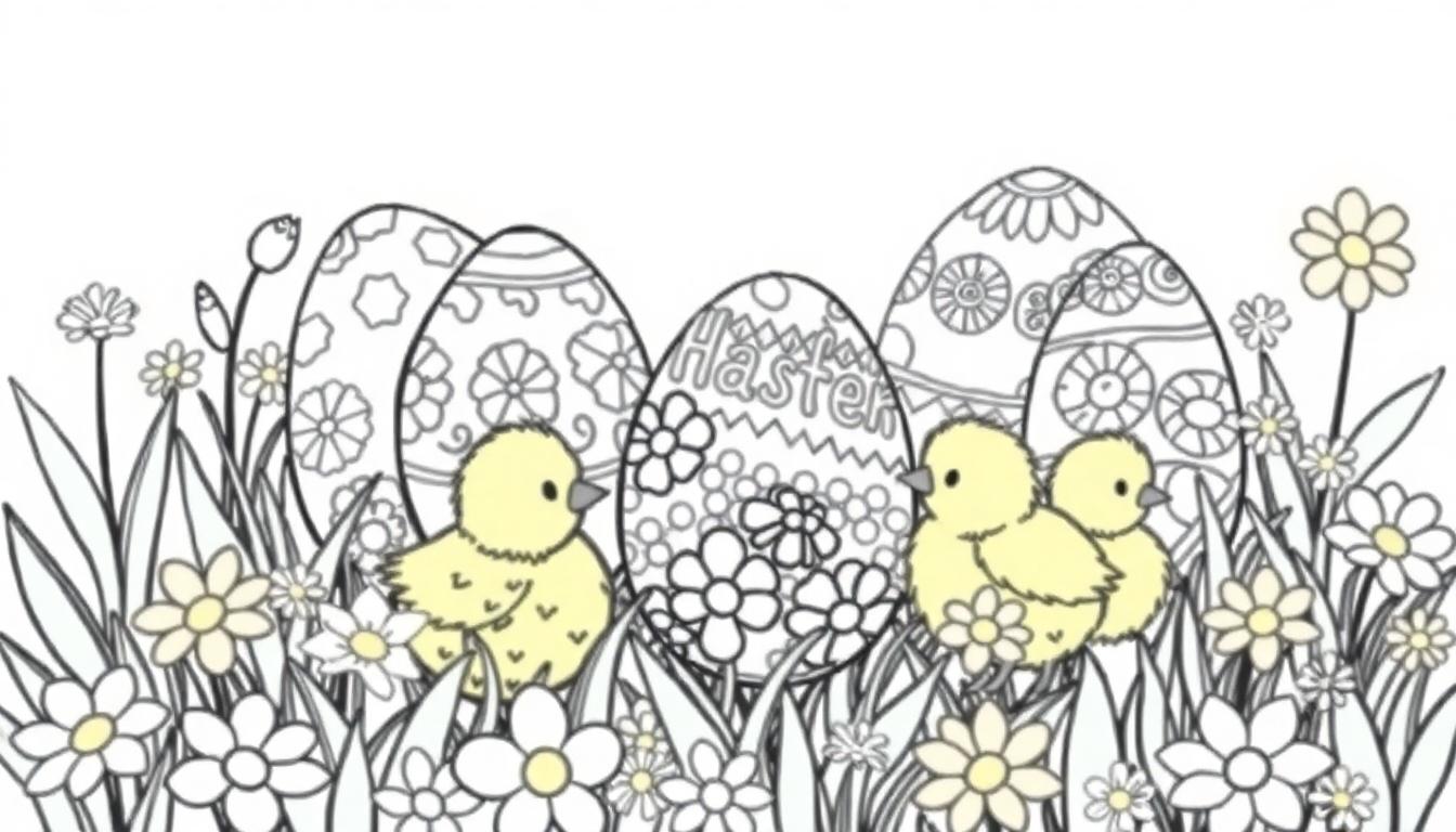 Zwei gelbe Küken stehen zwischen bunten Ostereiern und Frühlingsblumen.