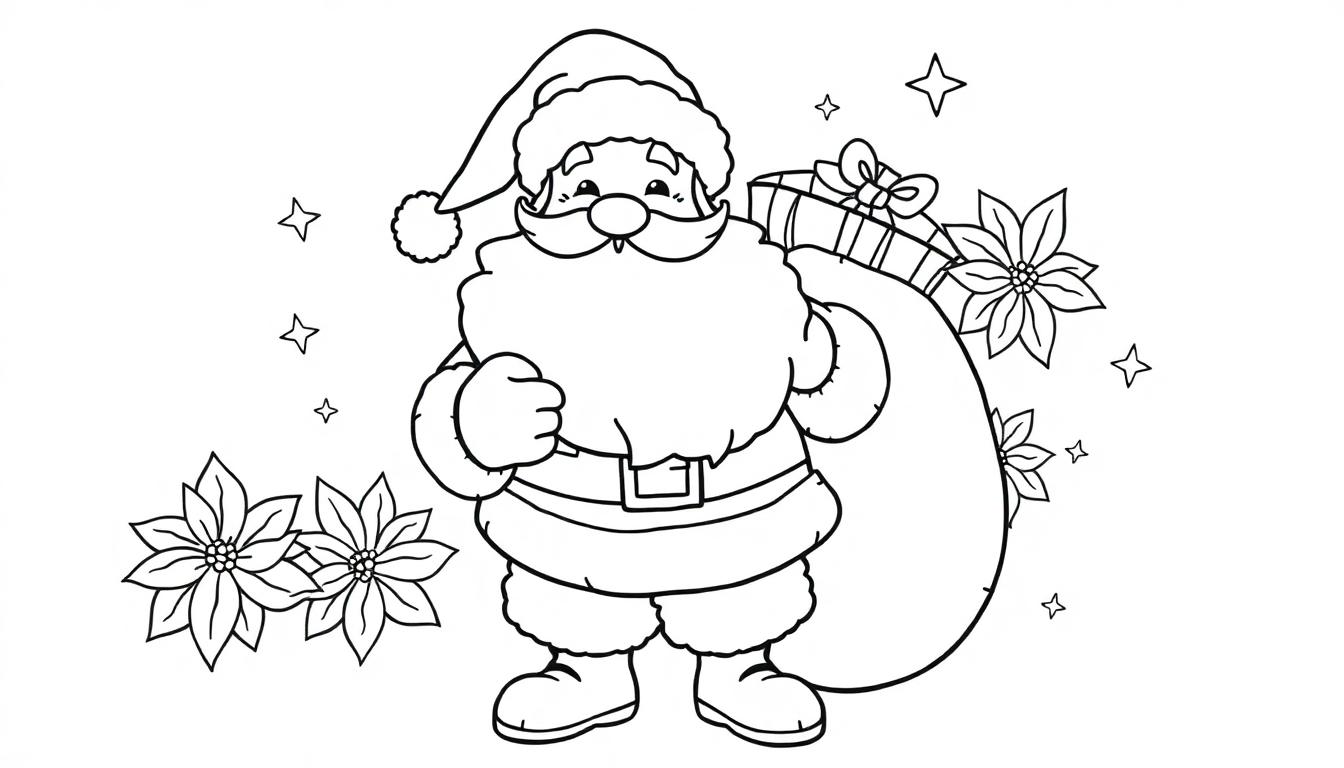 Umrisszeichnung vom Weihnachtsmann mit Geschenken und Weihnachtssternen.