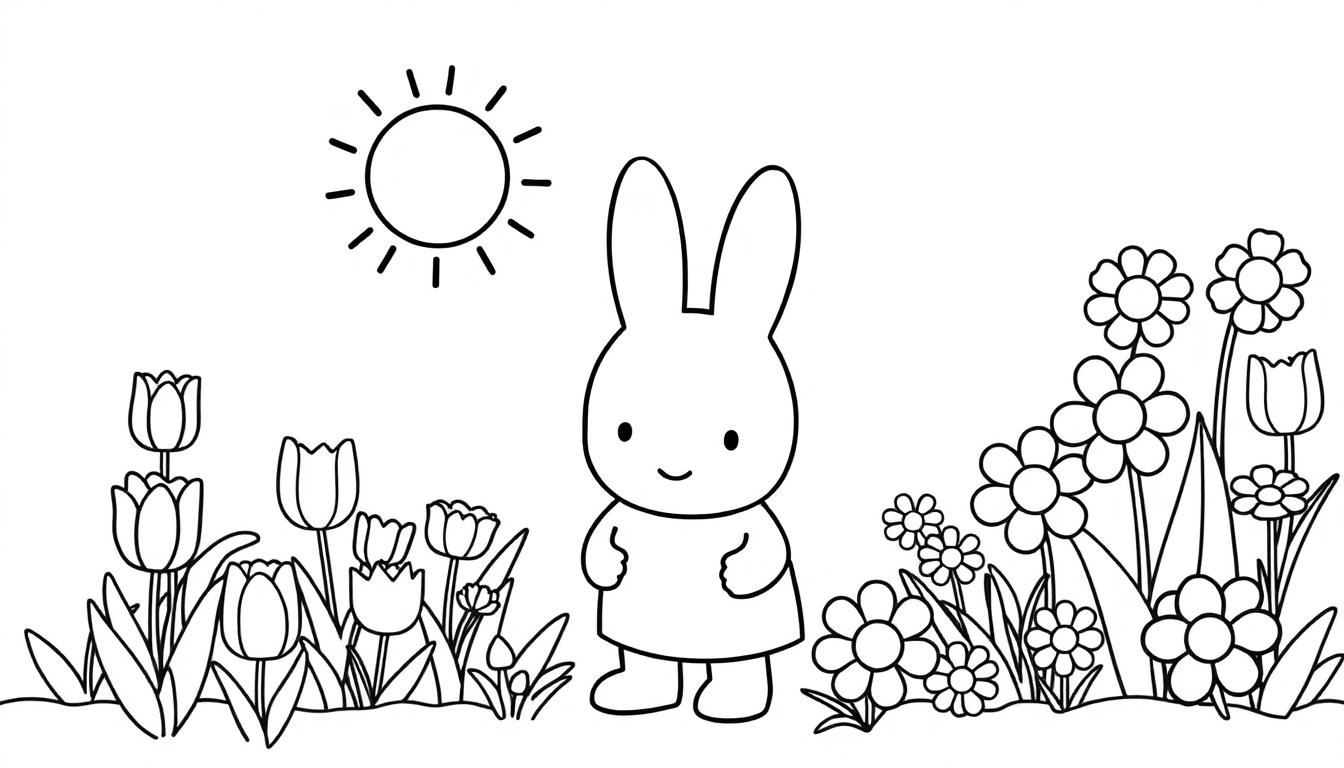 Eine Schwarz-Weiß-Illustration von Miffy, dem Hasen, der in einem Garten mit Blumen und der Sonne steht.