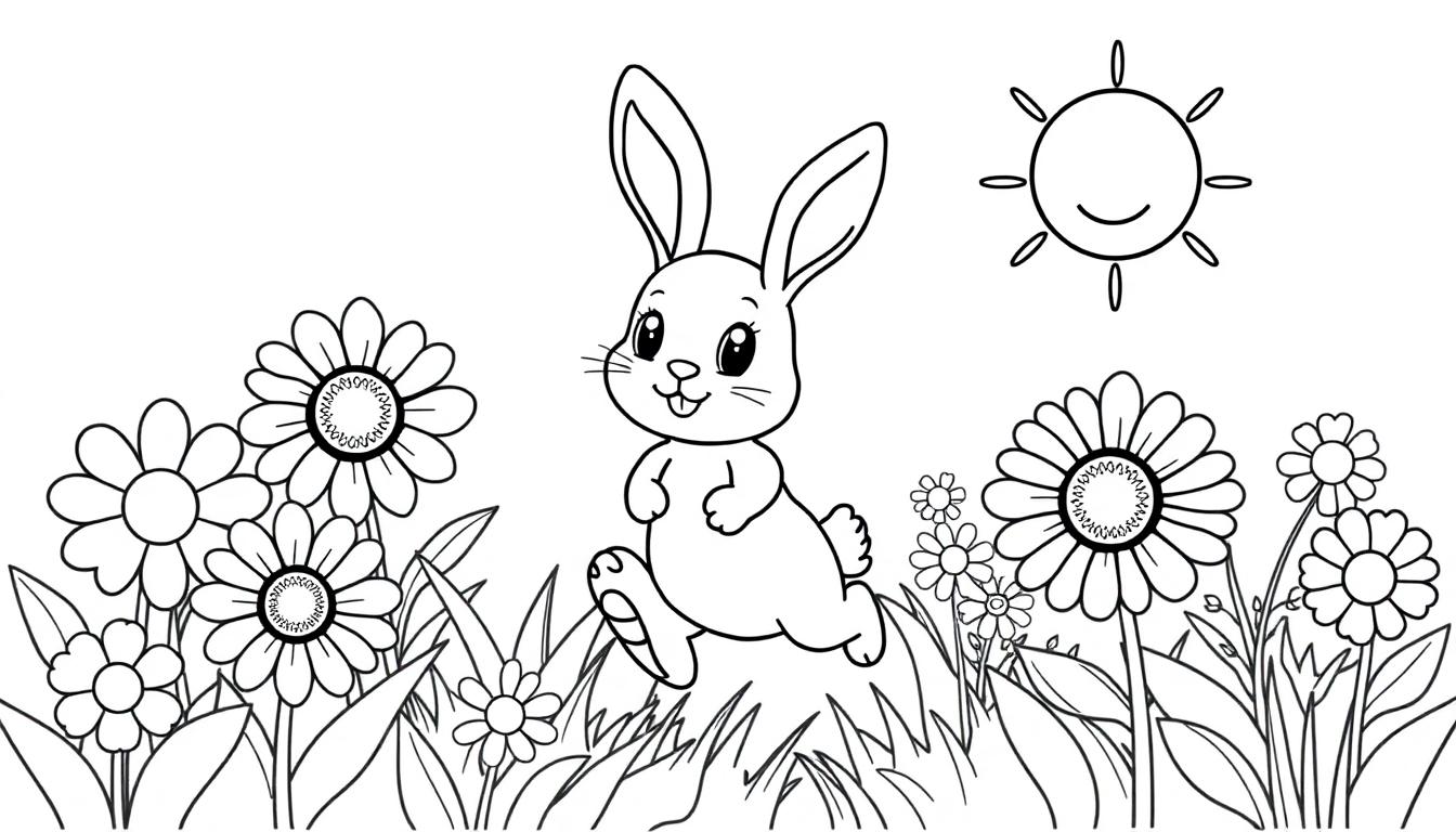 Schwarz-weiße Illustration eines niedlichen Hasen, der durch eine Blumenwiese mit einer lächelnden Sonne springt.