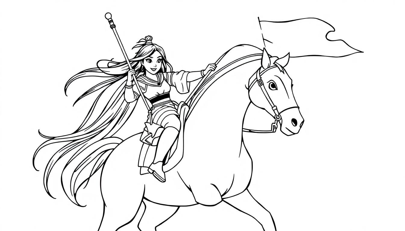 Mulan reitet auf einem Pferd, bereit für Abenteuer