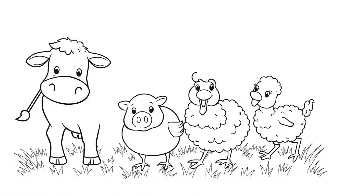 Eine Kuh mit einem Pinsel im Maul steht neben einem Schwein und zwei Vögeln auf einer grünen Wiese.