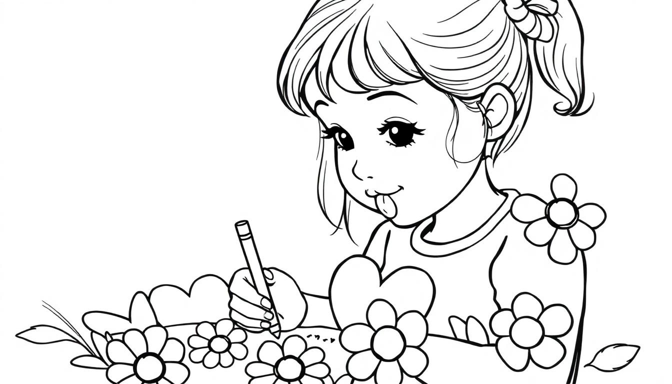 Kleines Mädchen sitzt am Tisch und zeichnet Blumen und Herzen.