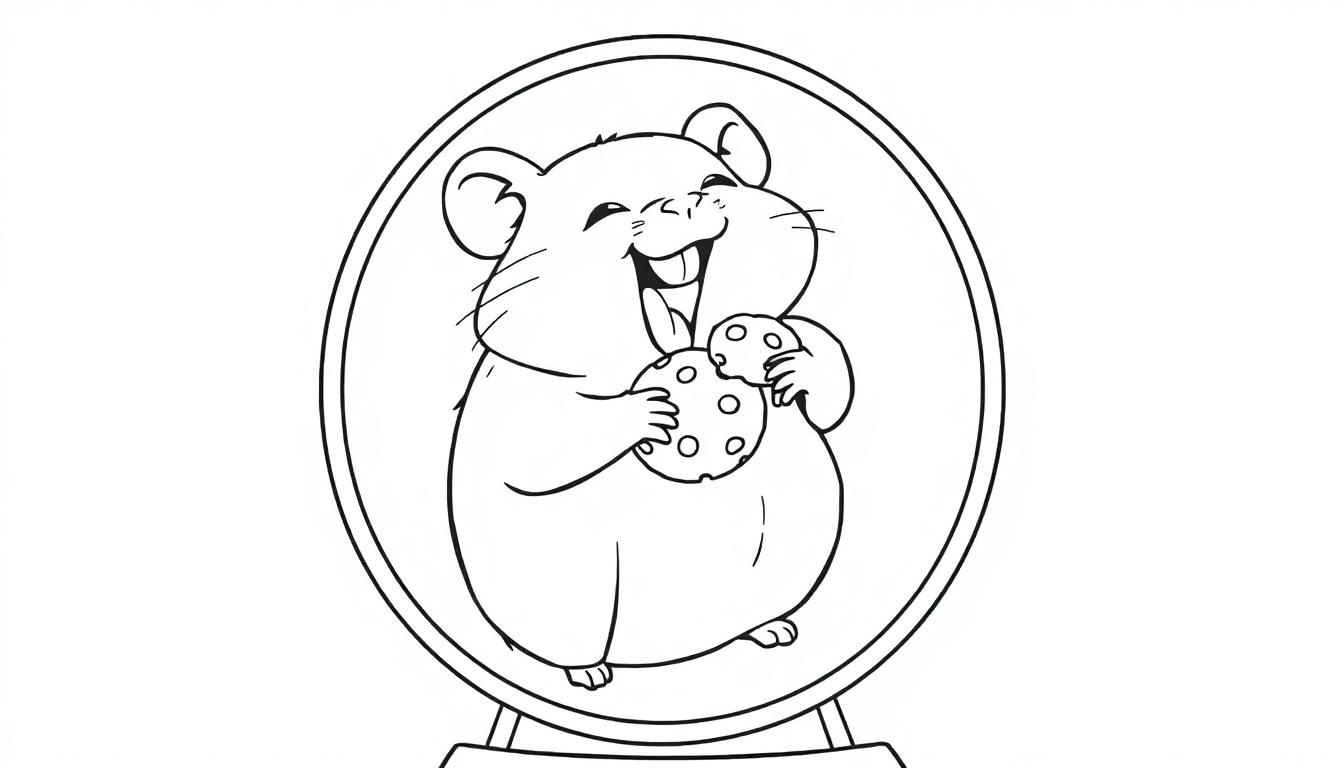 Ein niedlicher, cartoonartiger schwarz-weißer Hamster in einem Rad, der einen Keks frisst, als Farbtafel.