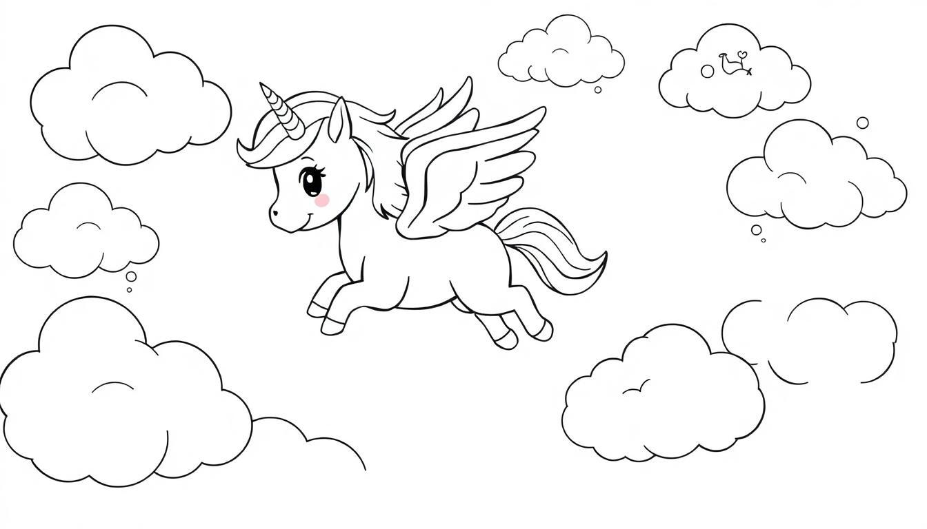 Ein stilisiertes Einhorn-Pegasus-Fohlen schwebt in Wolken.