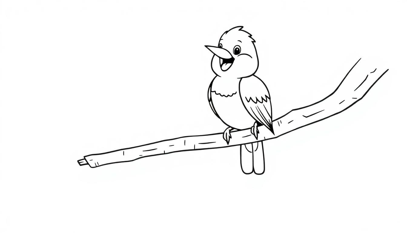 Ein fröhlicher Cartoon-Vogel sitzt auf einem Ast.