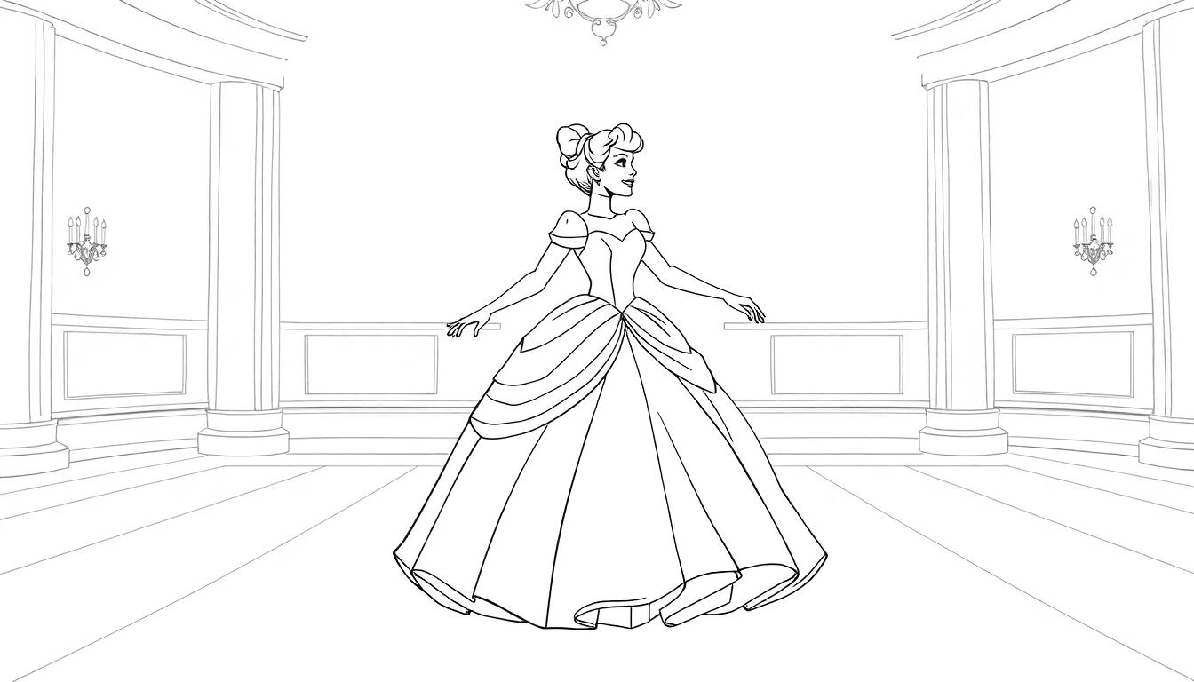 Umriss von Cinderella in einem Ballkleid im Ballsaal