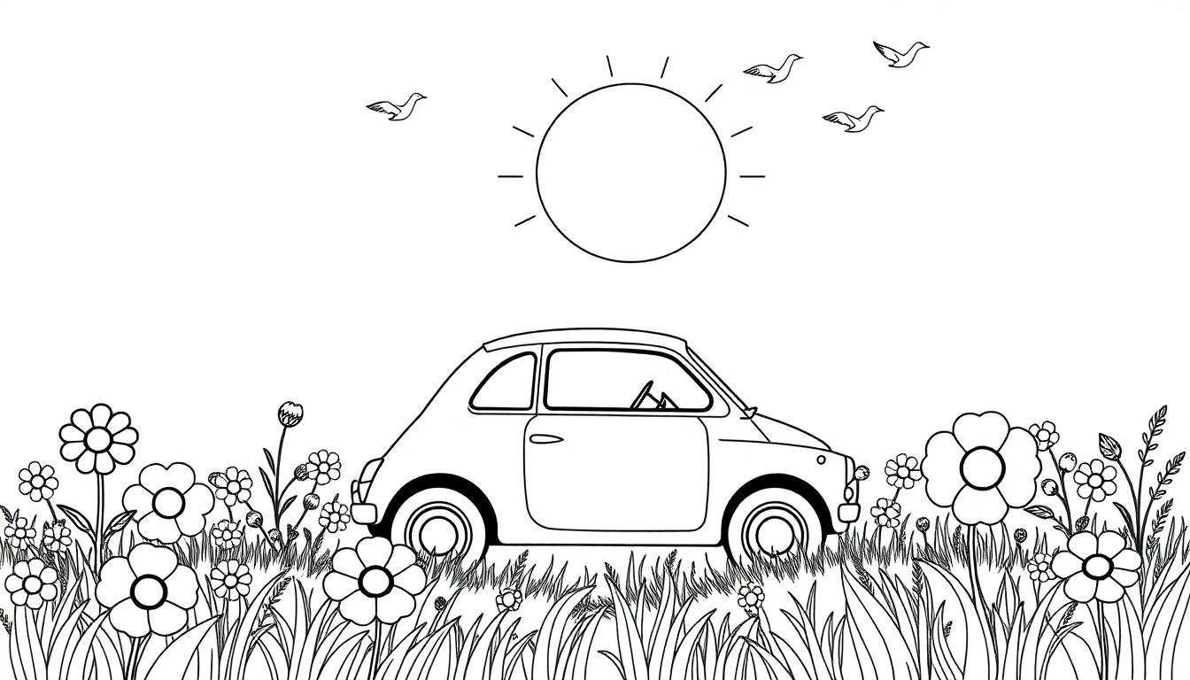 Eine Schwarz-Weiß-Zeichnung eines kleinen, runden Autos auf einer Blumenwiese mit der Sonne und Vögeln am Himmel.