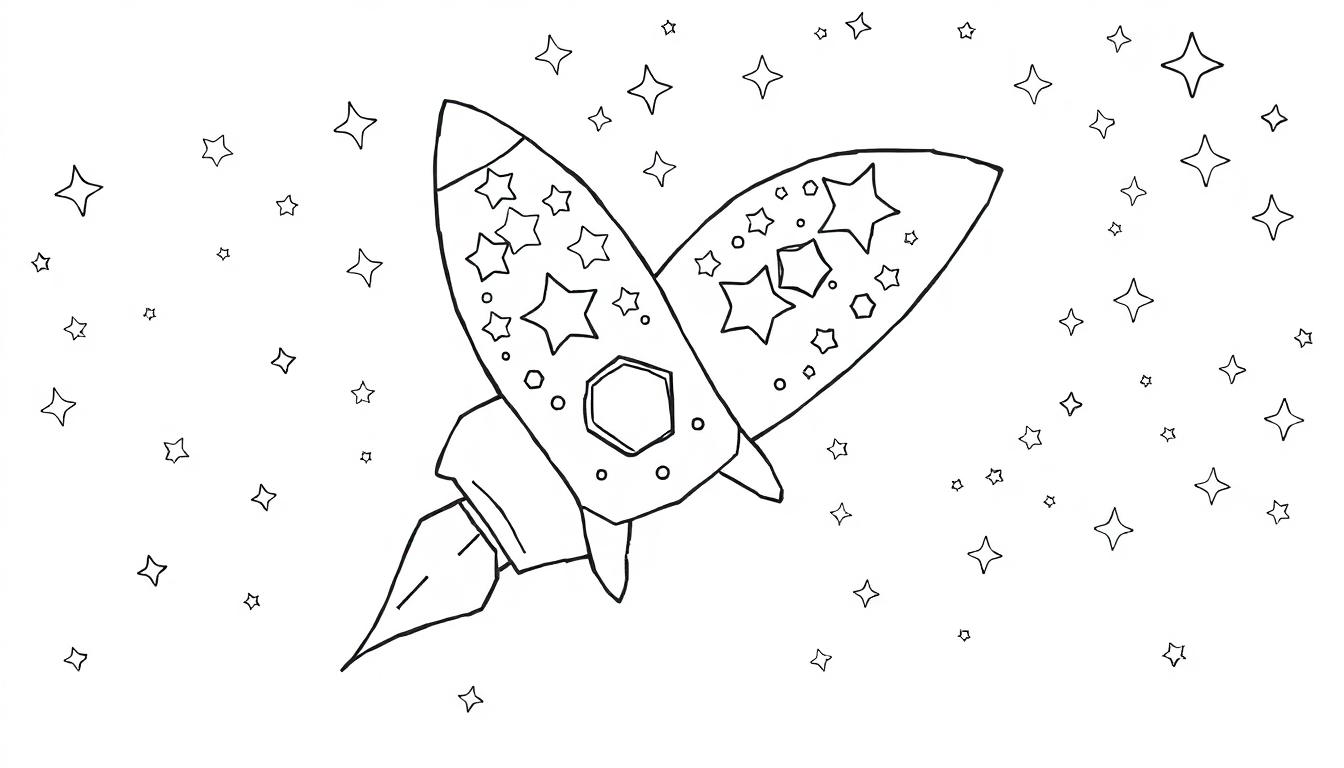Eine schwarz-weiße Skizze einer Rakete fliegt durch den Sternenhimmel.