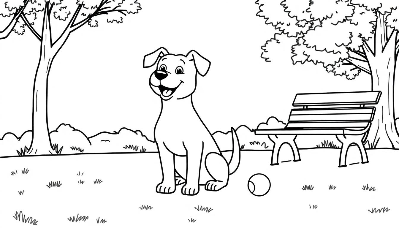 Ein fröhlicher Hund sitzt im Park mit einem Ball vor sich, bereit zum Spielen.