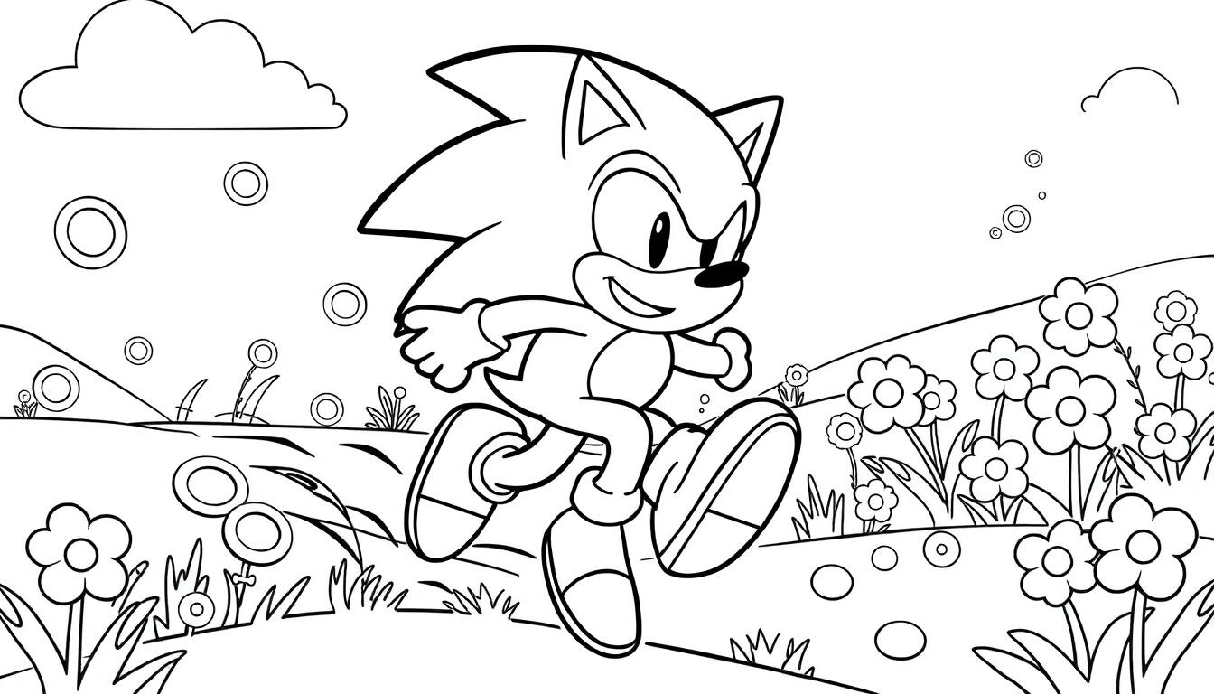 Sonic the Hedgehog rennt durch eine hügelige Landschaft mit Gänseblümchen und Ringen