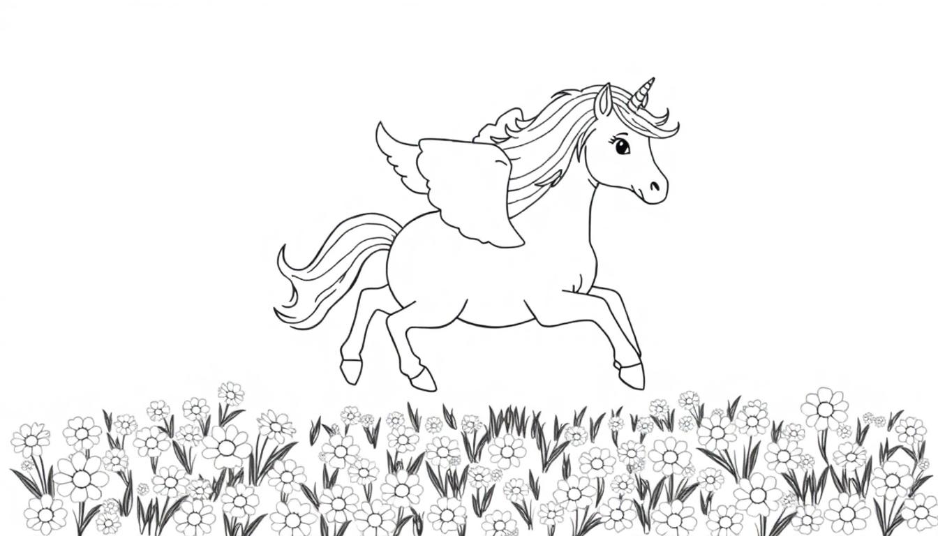 Ein stilisiertes, einfarbiges Einhorn mit kleinen Flügeln steht in der Mitte eines Feldes mit Gänseblümchen vor einem weißen Hintergrund.