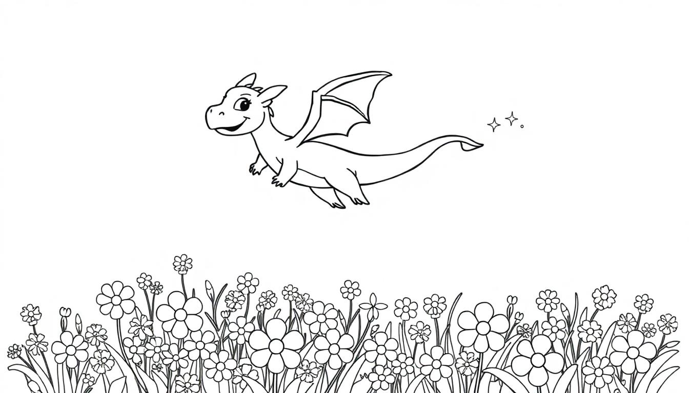 Ein niedlicher Cartoon-Drache mit kleinen Flügeln und einem Lächeln fliegt über ein Feld mit Blumen.