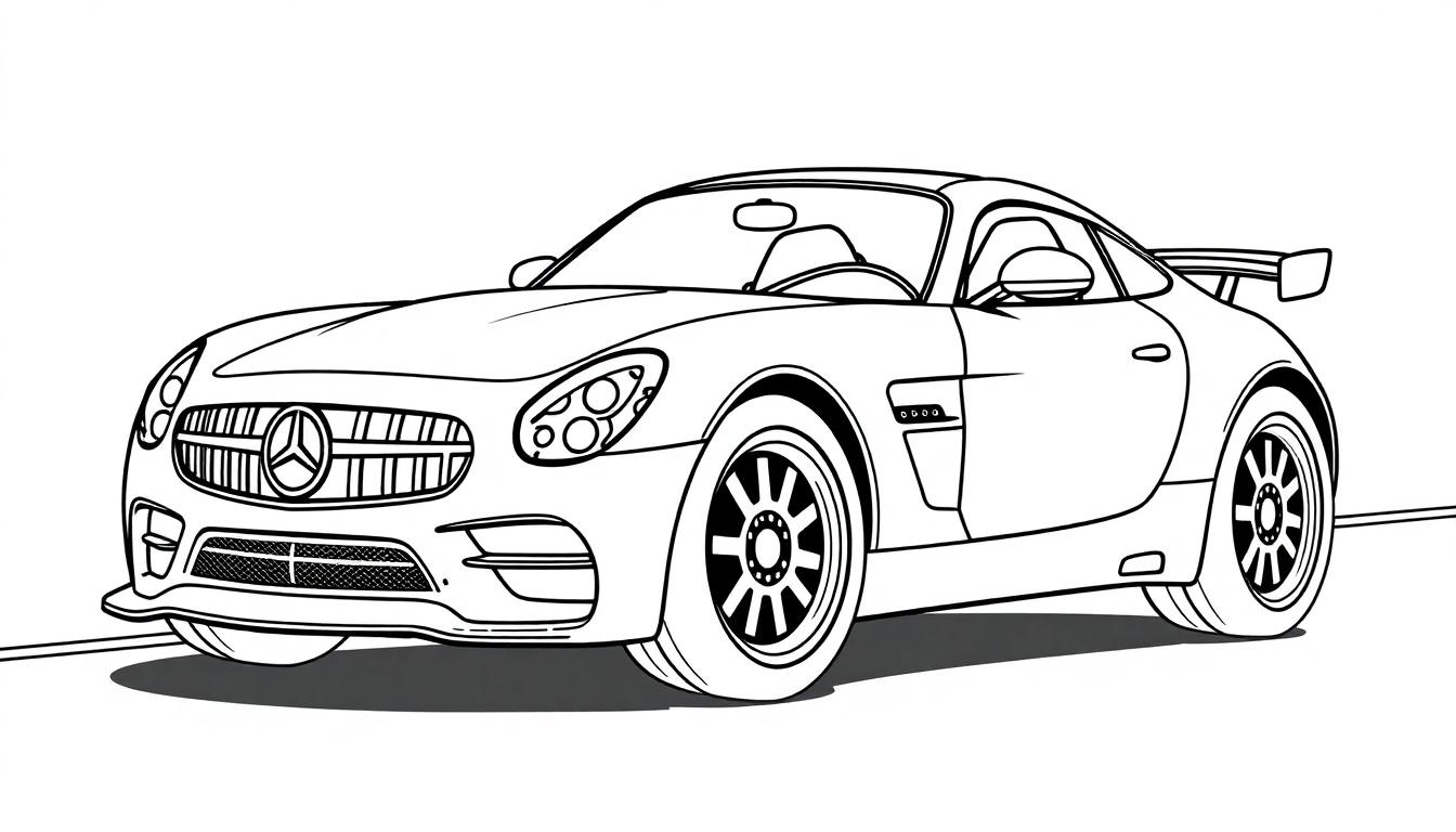 Eine Schwarz-Weiß-Zeichnung eines stilisierten Mercedes-Benz AMG GT mit dick umrandeten Linien, bereit zum Ausmalen.