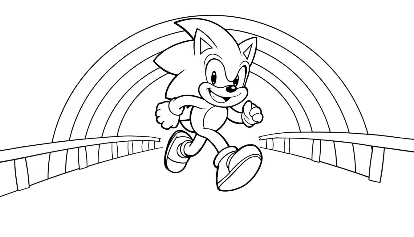 Sonic the Hedgehog rennt über eine Regenbogenbrücke.