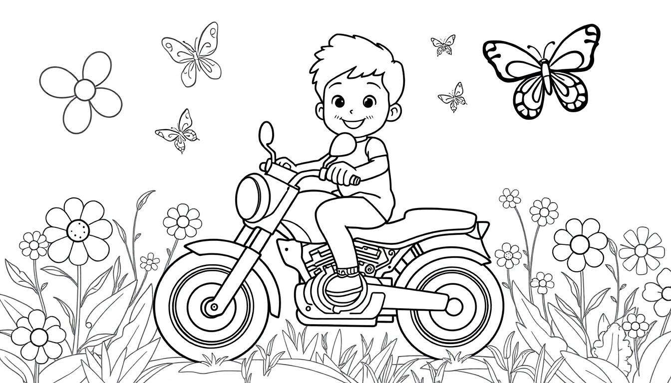 Ein Kind auf einem Motorrad in einer Blumenwiese.