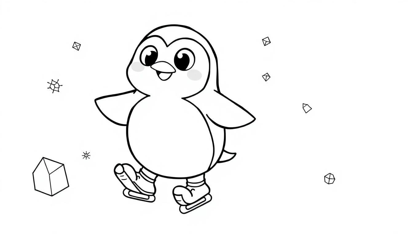 Ein Cartoon-Pinguin auf Schlittschuhen mit Schneeflocken um ihn herum.