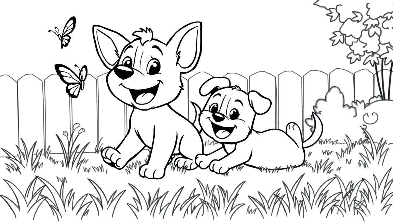 Zwei niedliche Hunde-Welpen spielen im Garten vor einem Holzzaun mit Schmetterlingen und Gras.