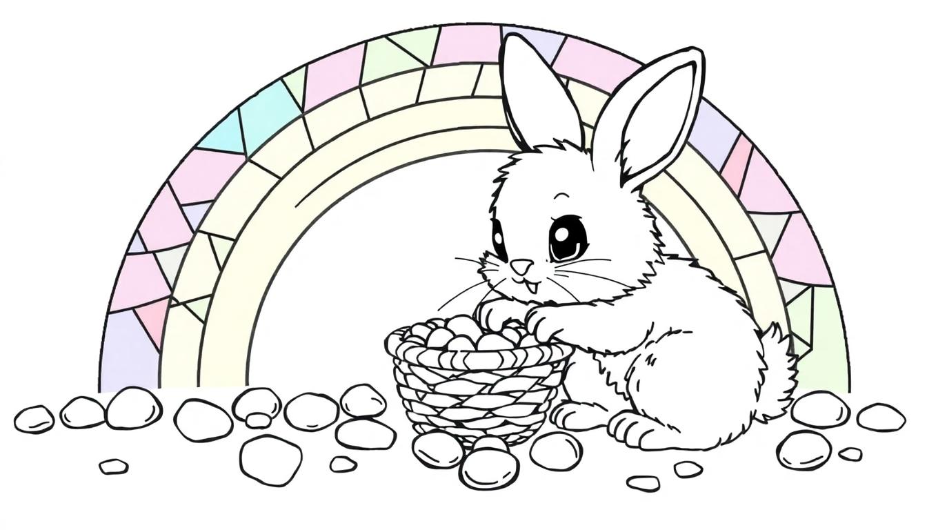 Niedlicher Hase mit Ostereiern vor einem bunten Regenbogen