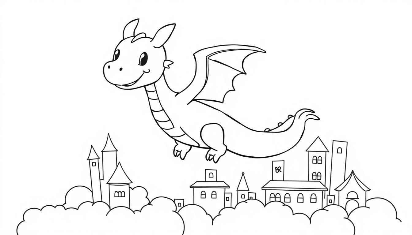 Ein freundlicher schwarzer und weißer Cartoon-Drache schwebt über einer Stadt unter einer Wolkendecke.