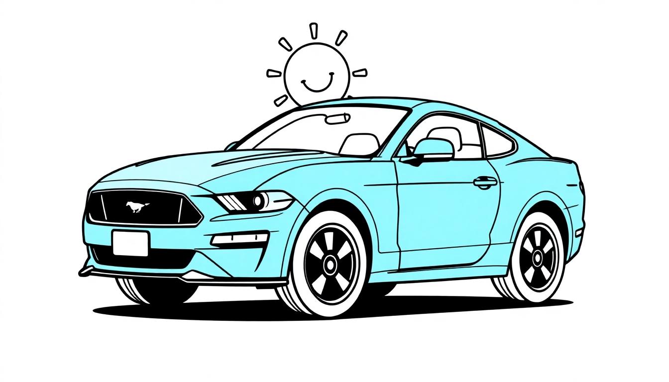 Ein hellblauer Cartoon-Ford Mustang mit weißen Reifen auf einer schwarzen Schattenfläche, mit einer lachenden Sonne auf dem Dach und weißem Hintergrund.
