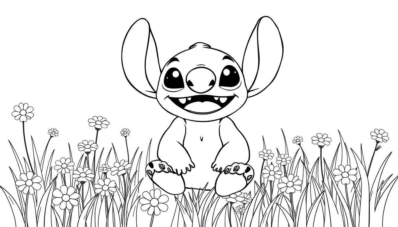 Eine Farbtafel-Zeichnung von Stitch, der auf einer Wiese mit Gänseblümchen sitzt.