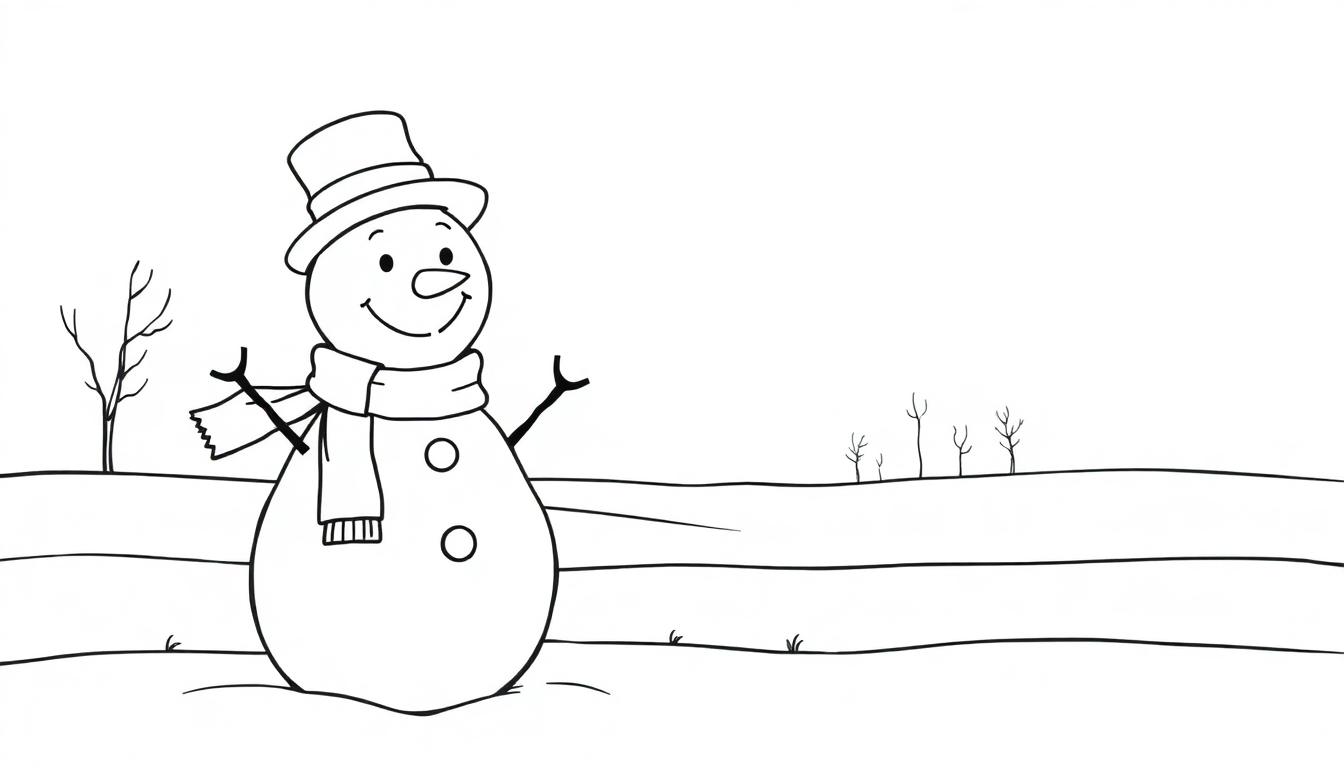 Ein lächelnder Schneemann mit Hut und Schal steht in einer verschneiten Landschaft mit kahlen Bäumen.