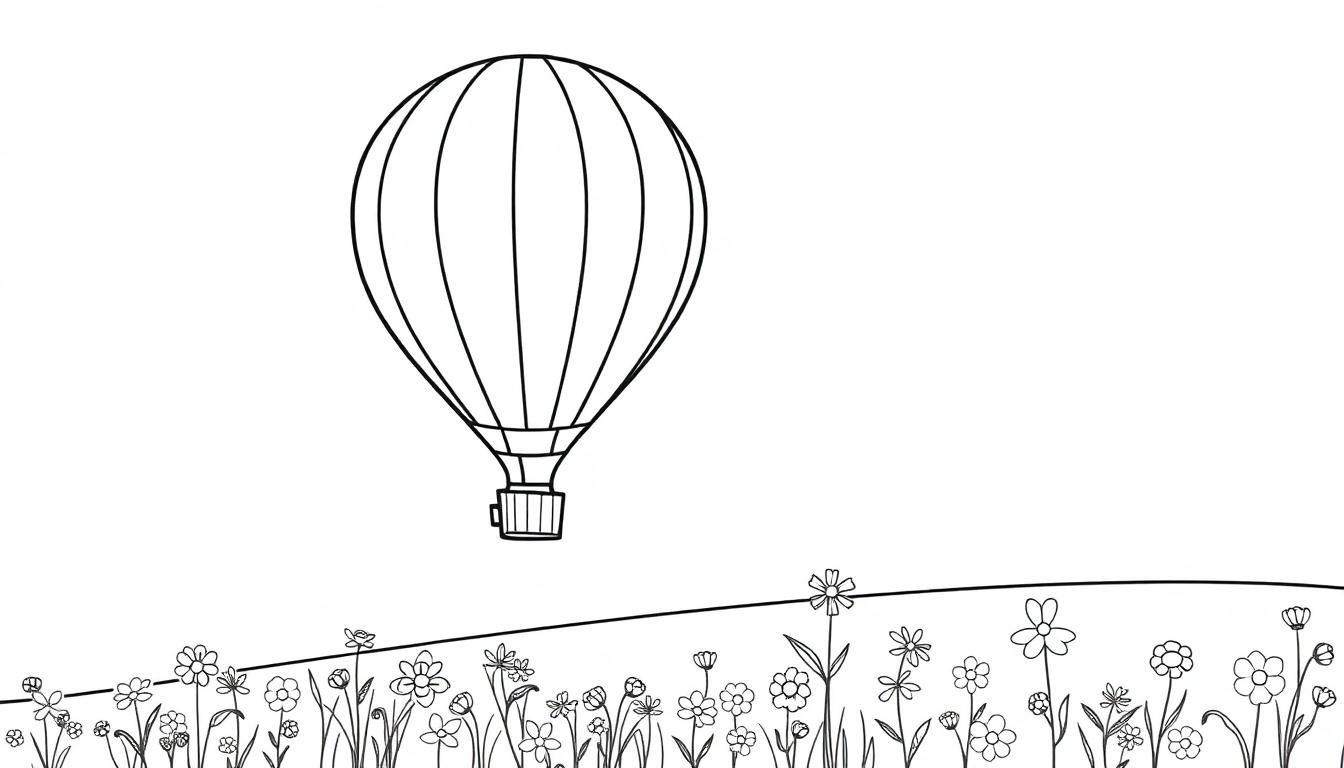 Eine Schwarz-Weiß-Illustration eines Heißluftballons über einem Blumenfeld im Malbuchstil.