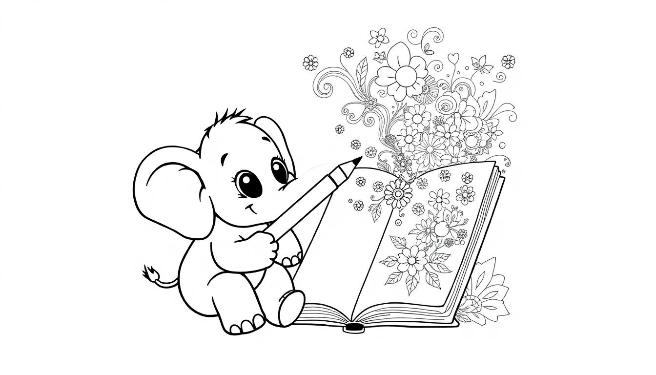 Ein Elefant malt Blumen in ein Buch.