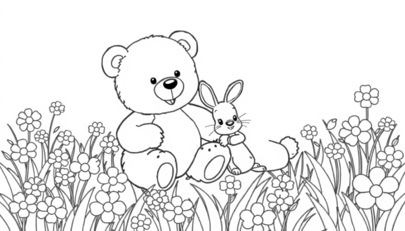 Ein Teddybär und ein Hase sitzen in einer Blumenwiese.