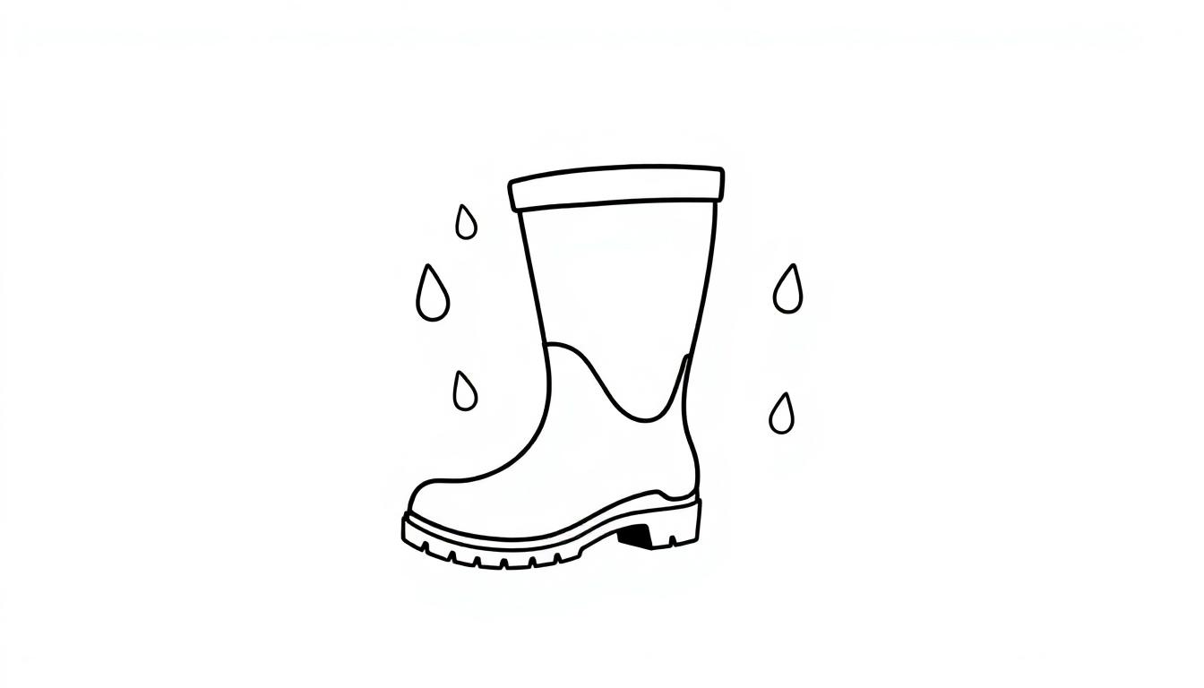 Ein einzelner Gummistiefel mit Regentropfen.